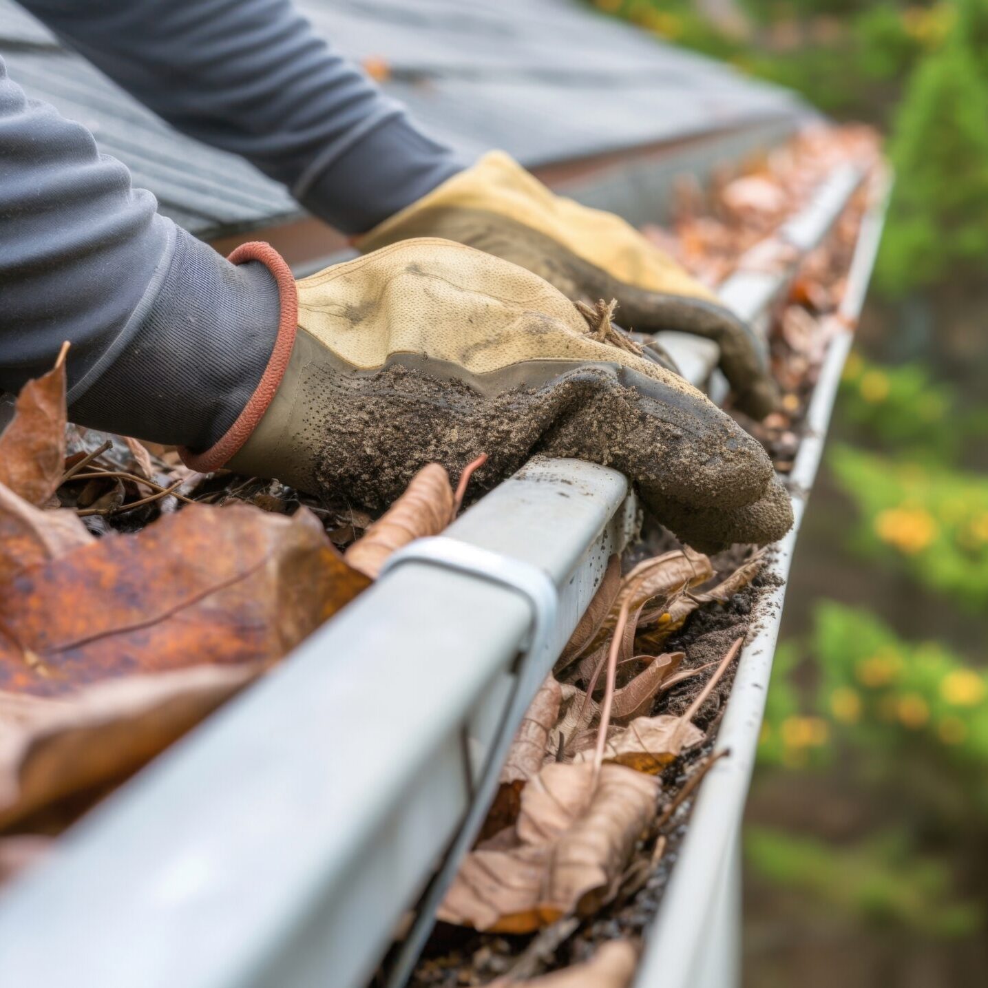A Man Cleaning Out His Gutters, Preventing Water Damage A Man Cleaning Out His Gutters, Preventing Water Damage