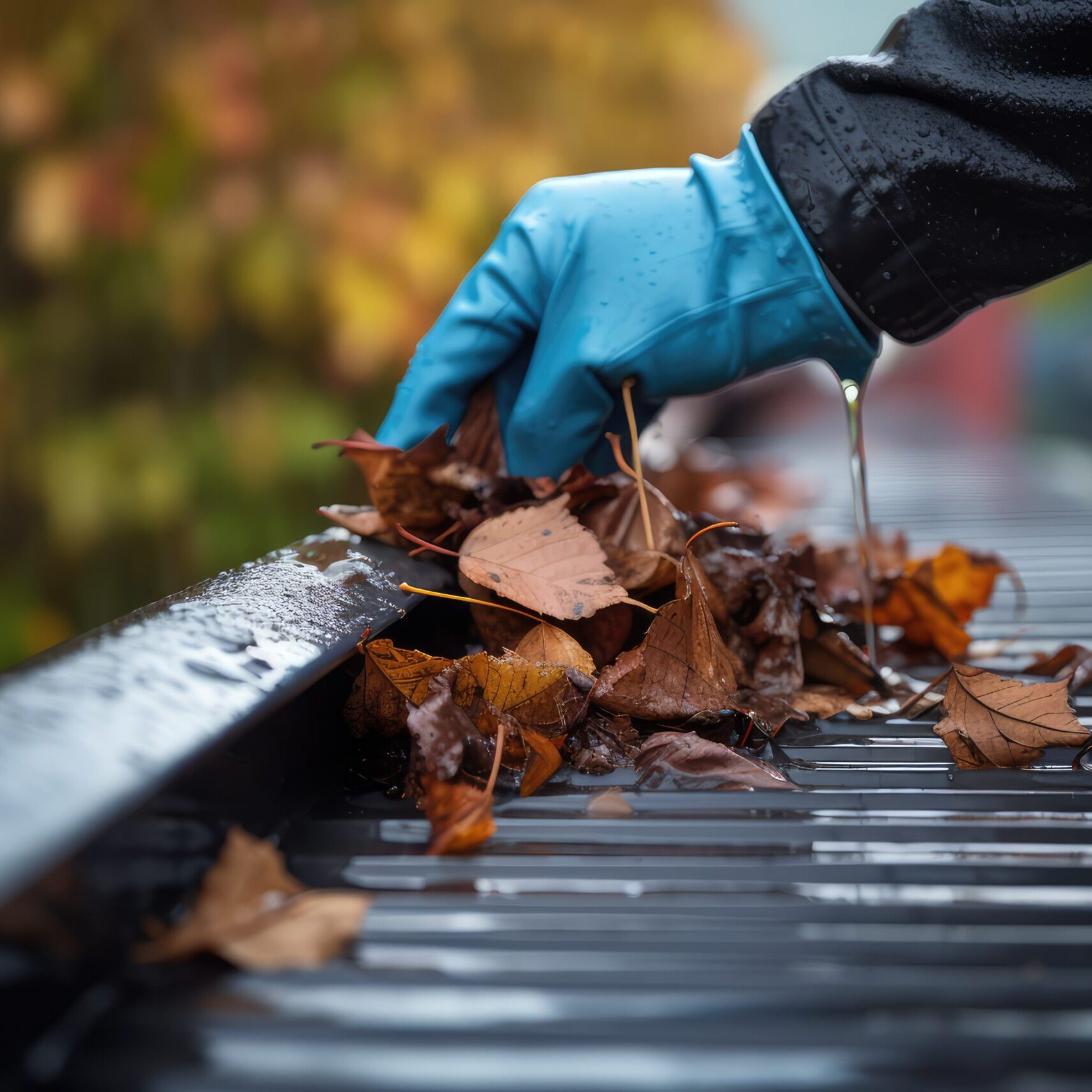 Mans Hand Cleaning Leaves Rain Gutter Roof Mans Hand Cleaning Leaves Rain Gutter Roof