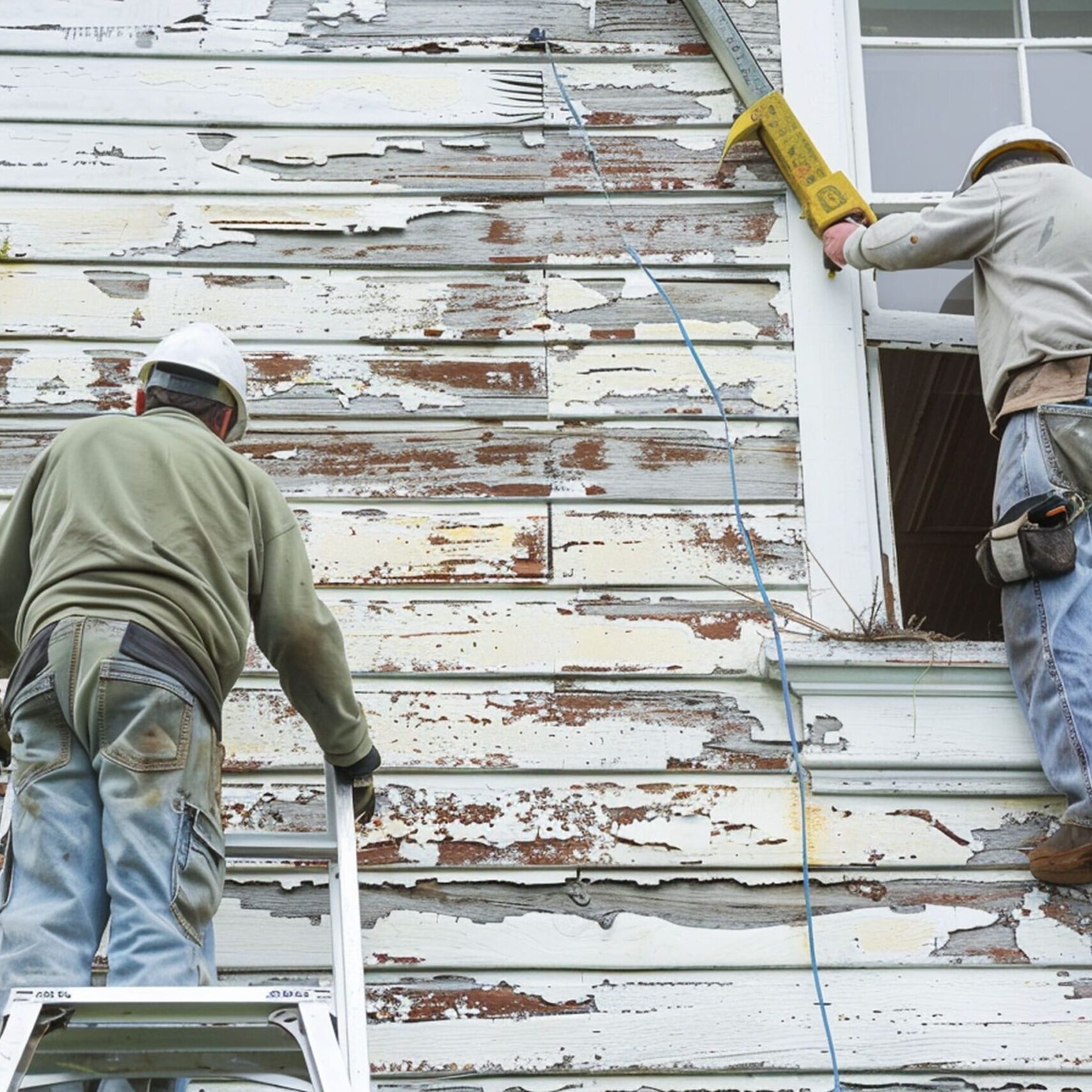 Workers Who Inspect Repair Damaged Exterior Siding Emphasizing Exterior Aspect Apartment Home Renovation Workers Who Inspect Repair Damaged Exterior Siding Emphasizing Exterior Aspect Apartment Home Renovation